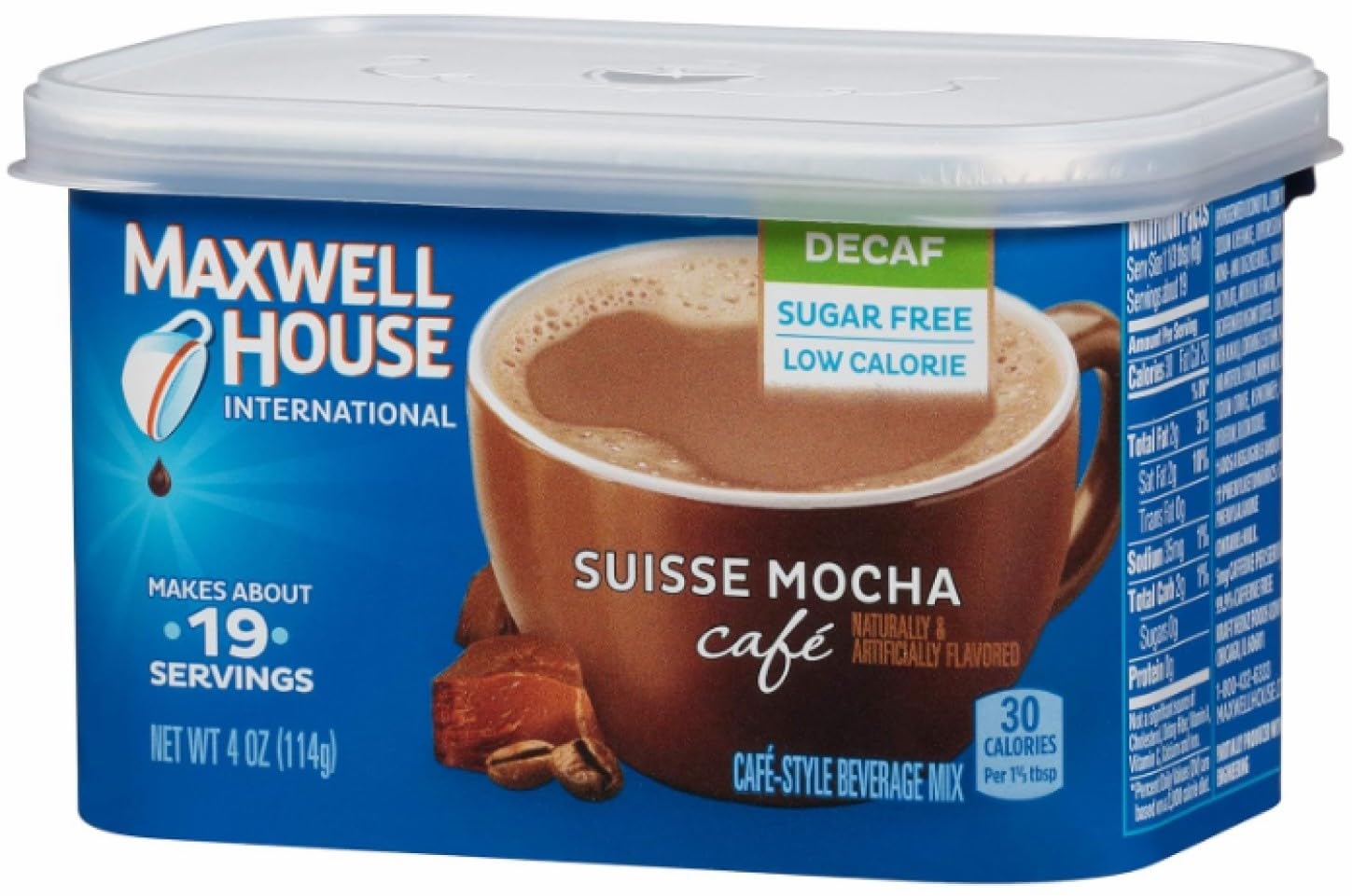 Maxwell House International Sugar-Free Decaf Suisse Mocha Beverage Mix, 4 Oz Tub, 4 Pack